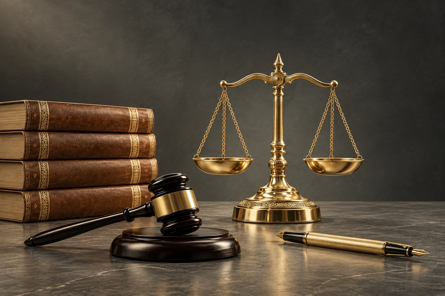 Polished gold scales of justice, leather law books and a gavel on a charcoal desk